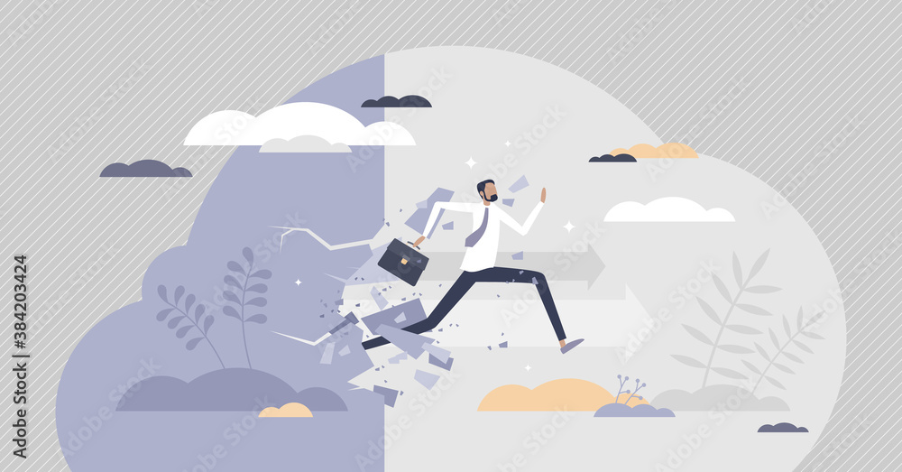 Poster overcoming obstacles as difficulty or problem in business tiny person concept