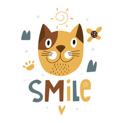 Funny cat, smile, clipart with typography. Modern baby print. Vector cartoon illustration. 