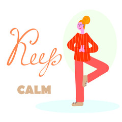 Illustration in doodle style, a young girl stands in a yoga pose and keeps calm.