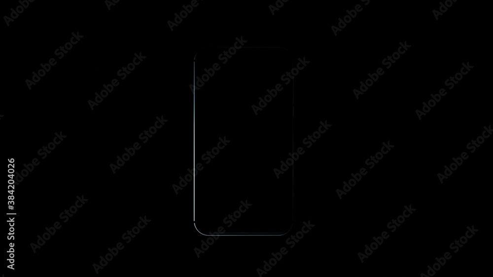 Poster silhouette of cell phone on black background, presentation and ad of new generation smartphone, glow