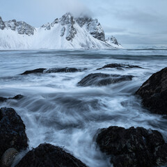 Stokksnes beach in winter, Vestrahorn Mountain in background. East Iceland.