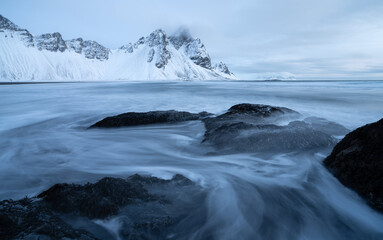 Stokksnes beach in winter, Vestrahorn Mountain in background. East Iceland.
