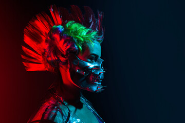 Profile view portrait of cyberpunk woman with mohawk hairstyle and spiked skull mask.