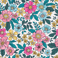 Vintage floral background. Seamless vector pattern for design and fashion prints. Flowers pattern with small colorful flowers on a white background. Ditsy style.