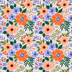 Floral seamless pattern with orange flowers in vintage style. Surface design of modern flowers and leaves on a white background. A bouquet of spring flowers for fashion prints. 