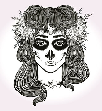 Hand drawn artwork of Mexican Day-of-the-dead Girl . Coloring book, tattoo art,spirituality,art,religion, impressive. Isolated vector illustration.