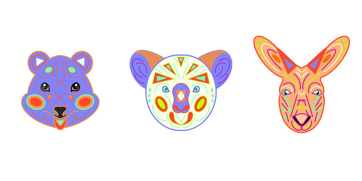 The portraits of Australian animals have a unique geometric flat style. Vector heads of koala, kangaroo, kwoka. Isolated icons for your design.
Bright face paint.