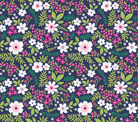 Floral pattern. Pretty flowers on dark blue background. Printing with small white and pink flowers. Ditsy print. Seamless vector texture. Spring bouquet.