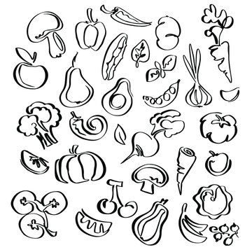 Vegetables and fruit icon set: carrot, onion, pepper, tomato, apple, pear, berry. Hand drawn black and white sketch, doodle ink outline drawing, stock vector illustration isolated on white background.