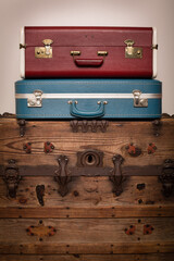 Retro Suitcases on Old Wooden Trunk, Vintage Travel Journey, Room for Text Below