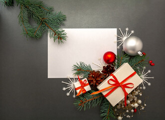 2021 Happy New Year, Merry Christmas decorations flatlay. Gift boxes, red ribbon, balls, spruce...
