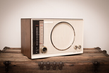 Vintage Radio Sitting on Old Wooden Trunk, Media Broadcast, Audio Music