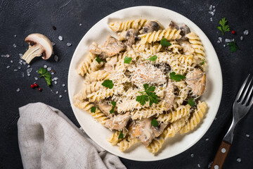 Pasta with Chicken and mushrooms In cream sauce.