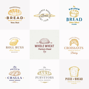 Premium Quality Bakery Vector Signs or Logo Templates Collection. Hand Drawn Brad Loafs, Challa, Baguette and croissant Sketches with Typography. Food Emblems Bundle.