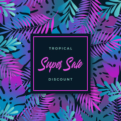 Tropical Leaves Abstract Vector Banner or Invitation Template. Monstera Fern and other Foliage Background Card or Poster. Trendy Retro Wave Colors Botanic Seasonal Advertising Layout with Typography