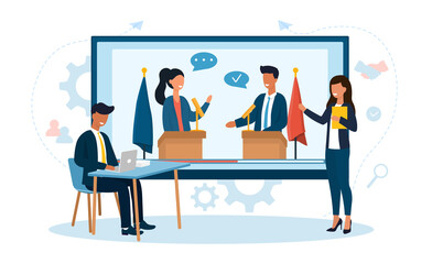 Tv presenters provide live coverage of the meeting of world leaders live. Live streaming concept. Online news. Flat vector cartoon illustration with fictional characters.