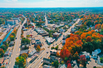Aerial Drone Photography Of Downtown Somersworth, NH (New Hampshire) During The Fall Foliage Season