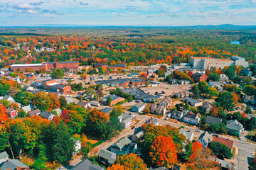 Aerial Drone Photography Of Downtown Somersworth, NH (New Hampshire) During The Fall Foliage Season