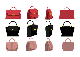 Set of stylish women's handbags in flat design. Front, side, back, 3-4 view character. Vector illustration