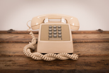 Vintage Telephone Sitting on Old Wooden Trunk, Phone Communication