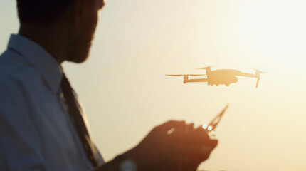 Cropped shot of male holding remote controller operating quad drone flying in air, soft light