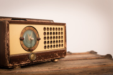 Vintage Radio Sitting on Old Wooden Trunk, Media Broadcast, Audio Music, Room for Text