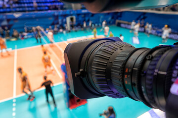 Fototapeta na wymiar TV camera on before broadcasting a volleyball match.