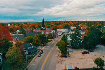 Obraz na płótnie Canvas Aerial Drone Photography Of Downtown Farmington, NH (New Hampshire) During The Fall Foliage Season