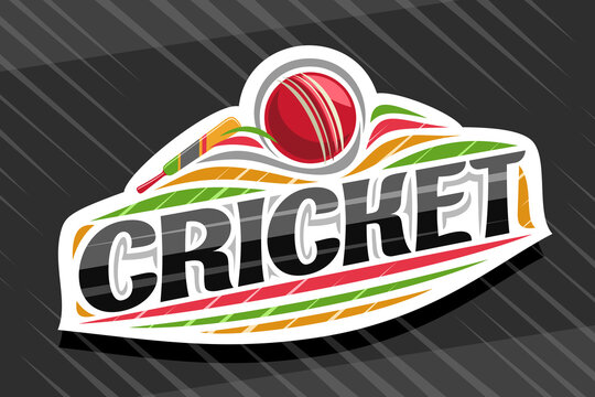 Vector logo for Cricket Sport, white modern emblem with illustration of flying ball in goal and bat, unique lettering for black word cricket, sports sign with decorative flourishes and trendy line art