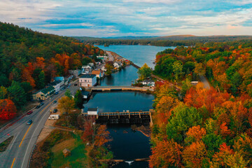 Fototapeta na wymiar Aerial Drone Photography Of Downtown Milton, NH (New Hampshire) During The Fall Foliage Season