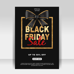 black friday sale ad flyer banner with ribbon gold