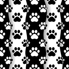 Pet prints. Paw seamless pattern. Cute background for pets, dog or cat. Foot puppy. Black silhouette shape paw. Footprint pet. Animal track. Trace foot dog, cat. Design walks pet for print. Vector
