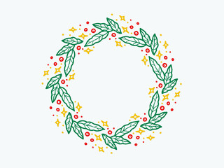 Greeting hand drawn card with Christmas wreath and Merry Christmas handwritten calligraphy. Vector illustration. Christmas wreath of red poinsettia and leaves. Watercolor illustration