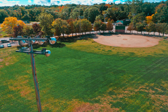 Aerial Drone Photography Of A Baseball Field In Downtown Bedford, NH (New Hampshire) During The Fall Foliage Season