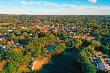 Autumn Aerial Drone Photography Of Downtown Derry, NH (New Hampshire) During The Fall Foliage Season