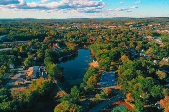 Autumn Aerial Drone Photography Of Downtown Derry, NH (New Hampshire) During The Fall Foliage Season