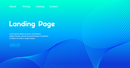 Landing page vector template. Abstract blue gradient background with wavy line for business web site design
