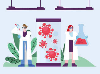covid 19 virus vaccine research and chemical woman man with flask vector design