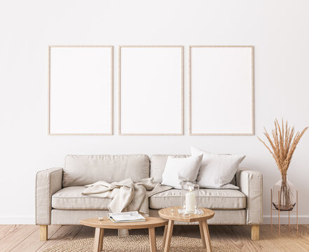 Frame mockup in farmhouse living room design, white furniture on bright wall background
