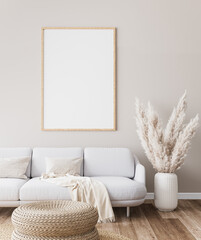 Frame mockup in farmhouse living room design, white furniture on bright wall background
