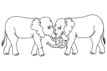 Two elephants in love. Vector stock illustration eps10. Hand drawing, outline. On white background.