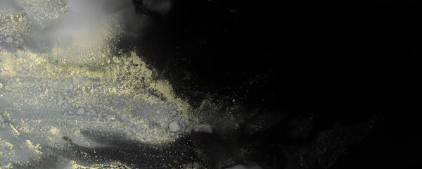 Art Abstract paint blots horizontal background. Alcohol ink black and gold colors. Marble texture.