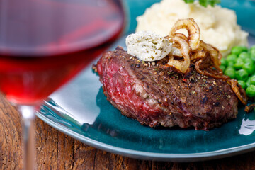 wine and grilled steak