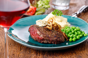 wine and grilled steak