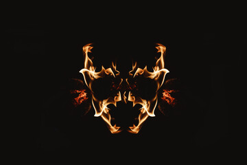 Close-up skull In flames under a black background.