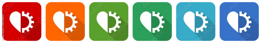 Aufkleber Heart and cogwheel icon set, flat design vector illustration in 6 colors options for webdesign and mobile applications