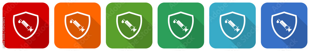 Poster vaccine shield concept icon set, flat design vector illustration in 6 colors options for webdesign a