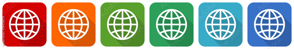 Poster world, globe icon set, flat design vector illustration in 6 colors options for webdesign and mobile 