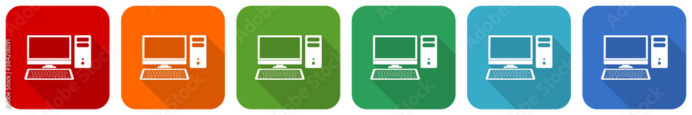 Aufkleber Computer, desktop icon set, flat design vector illustration in 6 colors options for webdesign and mobile applications
