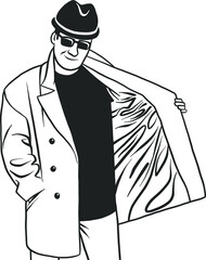 Smuggler selling something. Cloak-seller isolated. Dealer in hat and coat . Bootlegger. Seller prohibited goods of black marke. Flat vector illustration.